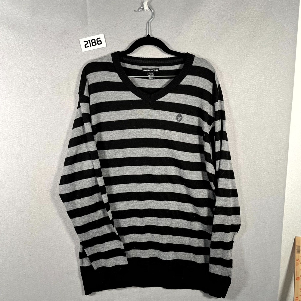 Swiss Cross Sweater Mens XL Gray Black Striped V Neck Pullover Ribbed Hem Winter